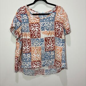 Sigrid Olsen Linen Floral Top Women 1X Blue Brown Block Short Sleeve Lightweight